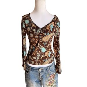 Otto Sumisho Y2K Womens Brown Paisley Floral V-Neck Long Sleeve Size M Boho VTG